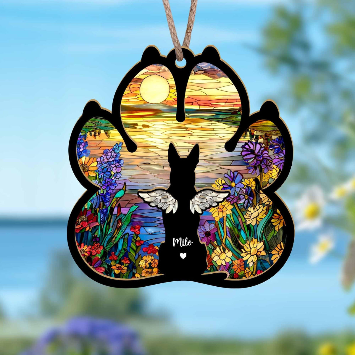 May include: A wooden paw print ornament with a stained glass design of a sunset over a lake, flowers, and a dog with wings. The dog is silhouetted and the ornament is personalized with the name "Milo".