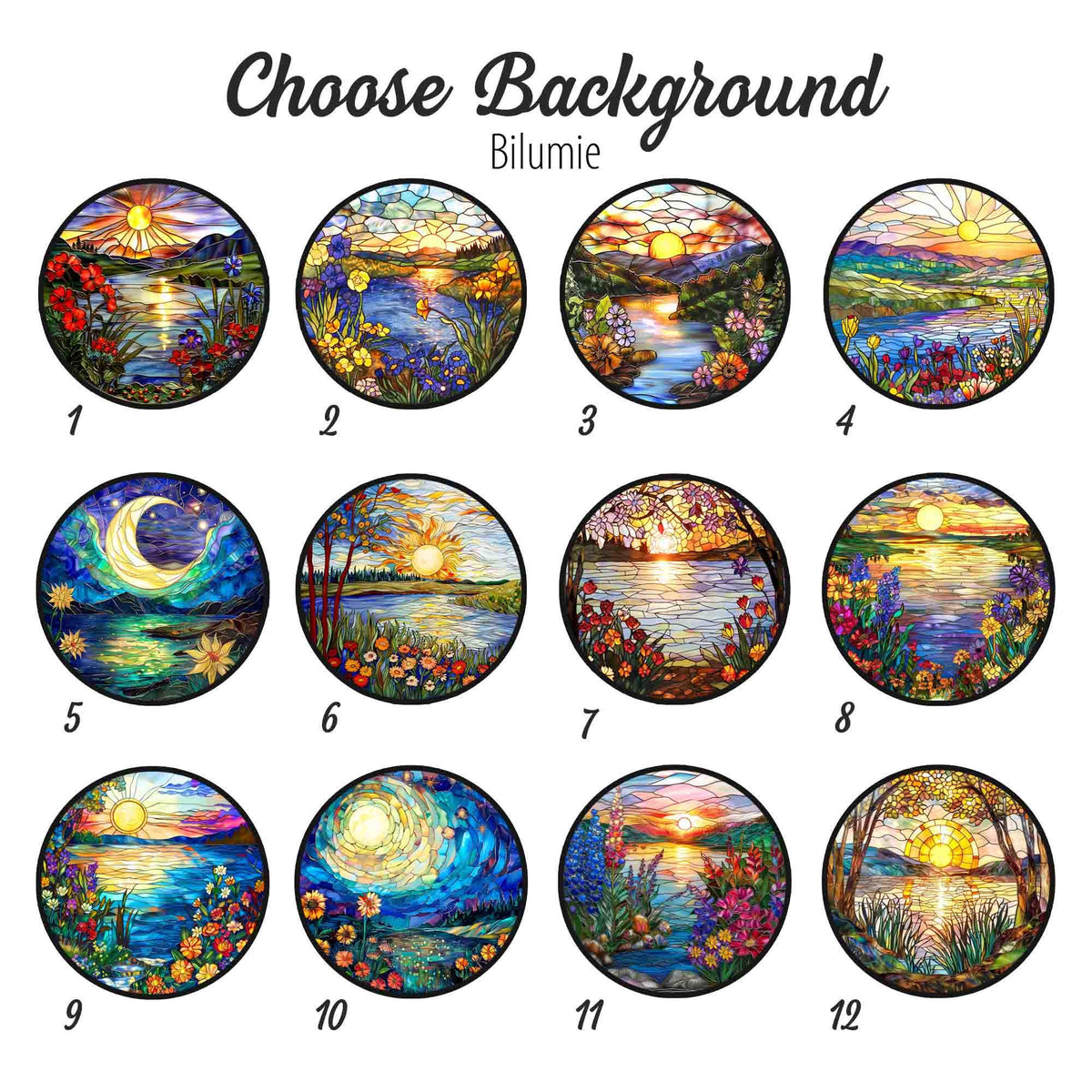 May include: Twelve different stained glass designs featuring a lake, sunset, and flowers. The designs are numbered 1 through 12. The text "Choose Background" and "Bilumie" are at the top of the image.