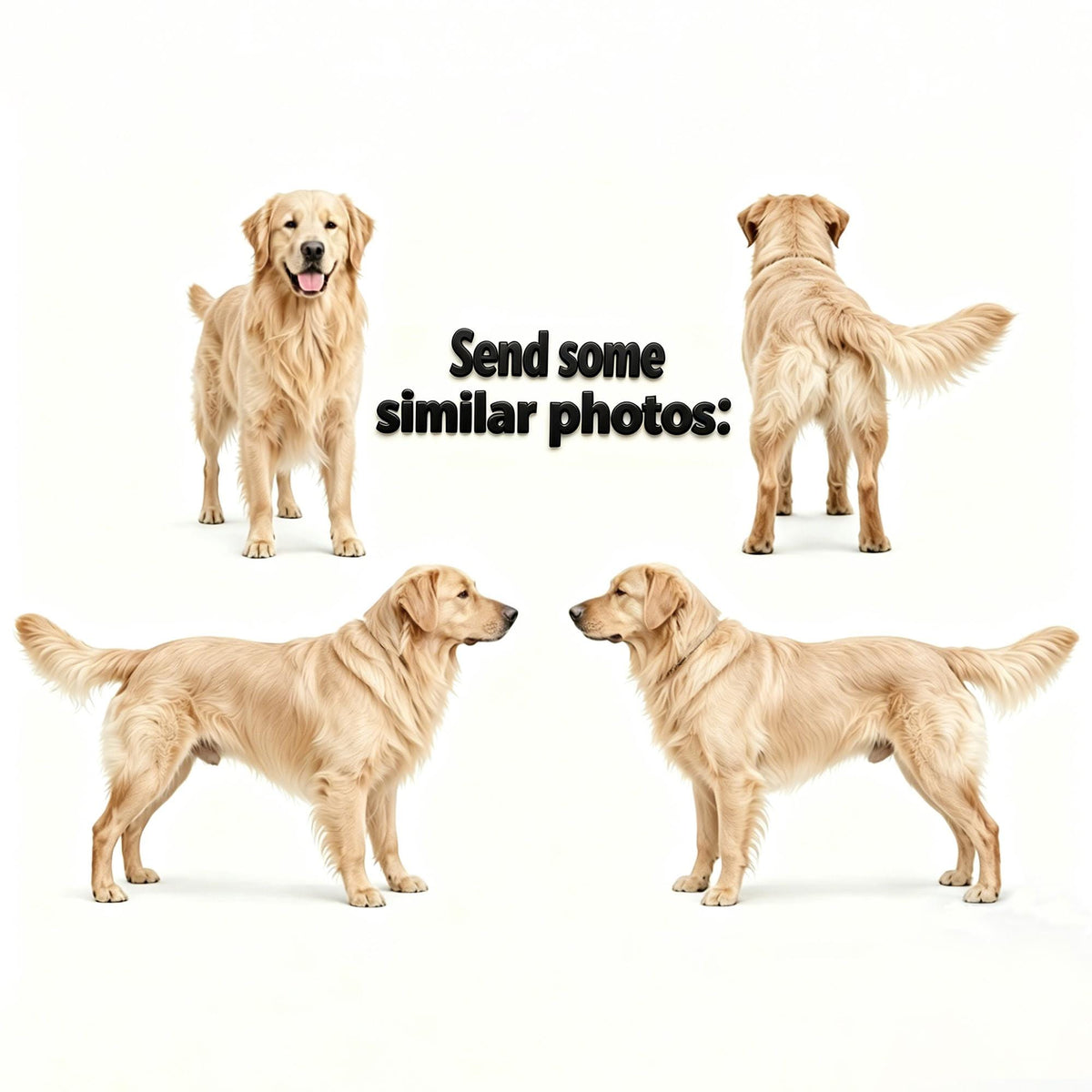 May include: Four golden retrievers are featured against a white background. The dogs are in various poses, including standing, side profiles, and a rear view. The text "Send some similar photos:" is displayed in the center.
