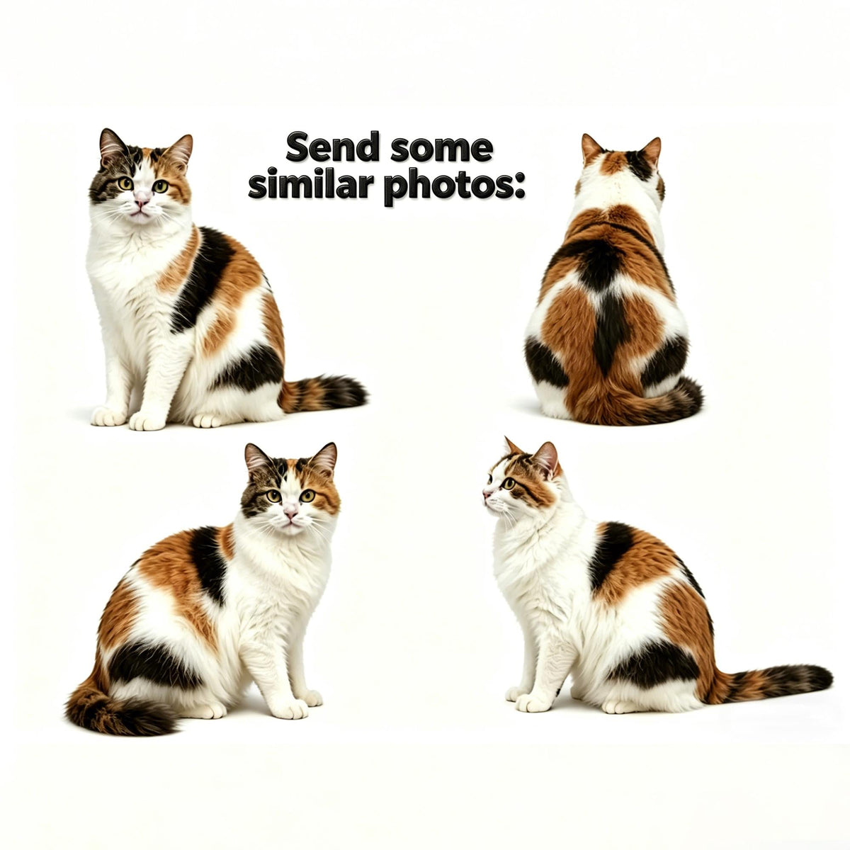 May include: Four images of a calico cat in various poses against a white background. The cat has a mix of white, black, and orange fur. The text "Send some similar photos:" is at the top.