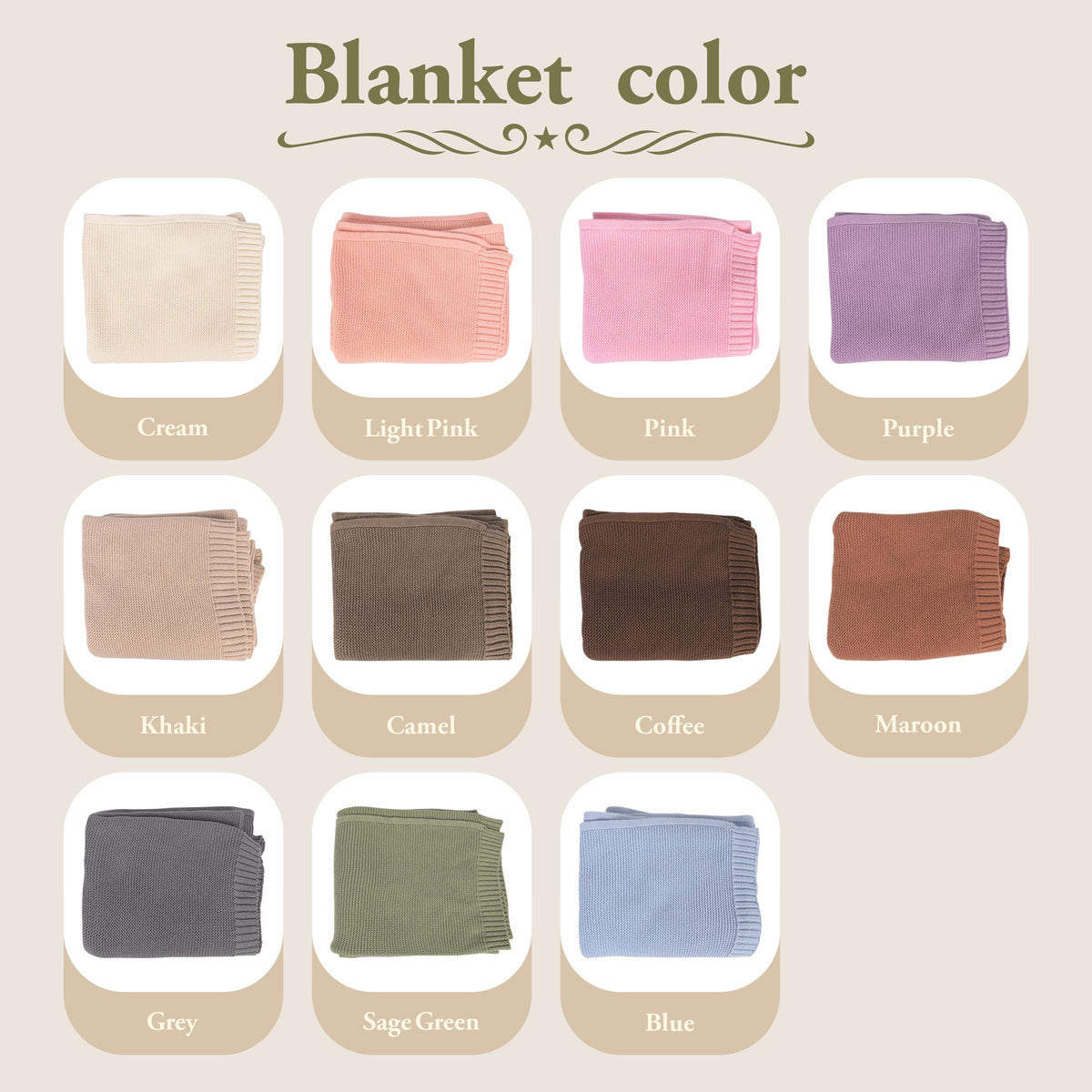 A color chart titled Blanket color displaying eleven folded knit blankets in various shades including cream, light pink, pink, purple, khaki, camel, coffee, maroon, grey, sage green, and blue, each labeled with its respective color name.