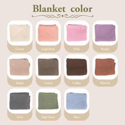 A color chart titled Blanket color displaying eleven folded knit blankets in various shades including cream, light pink, pink, purple, khaki, camel, coffee, maroon, grey, sage green, and blue, each labeled with its respective color name.