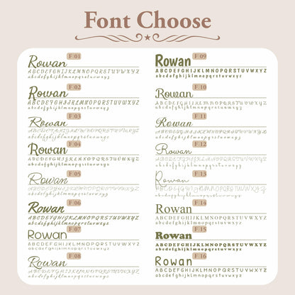 A font selection chart titled Font Choose featuring sixteen distinct typography styles labeled F01 through F16. Each entry displays the name Rowan in a specific typeface followed by the complete uppercase and lowercase alphabet.