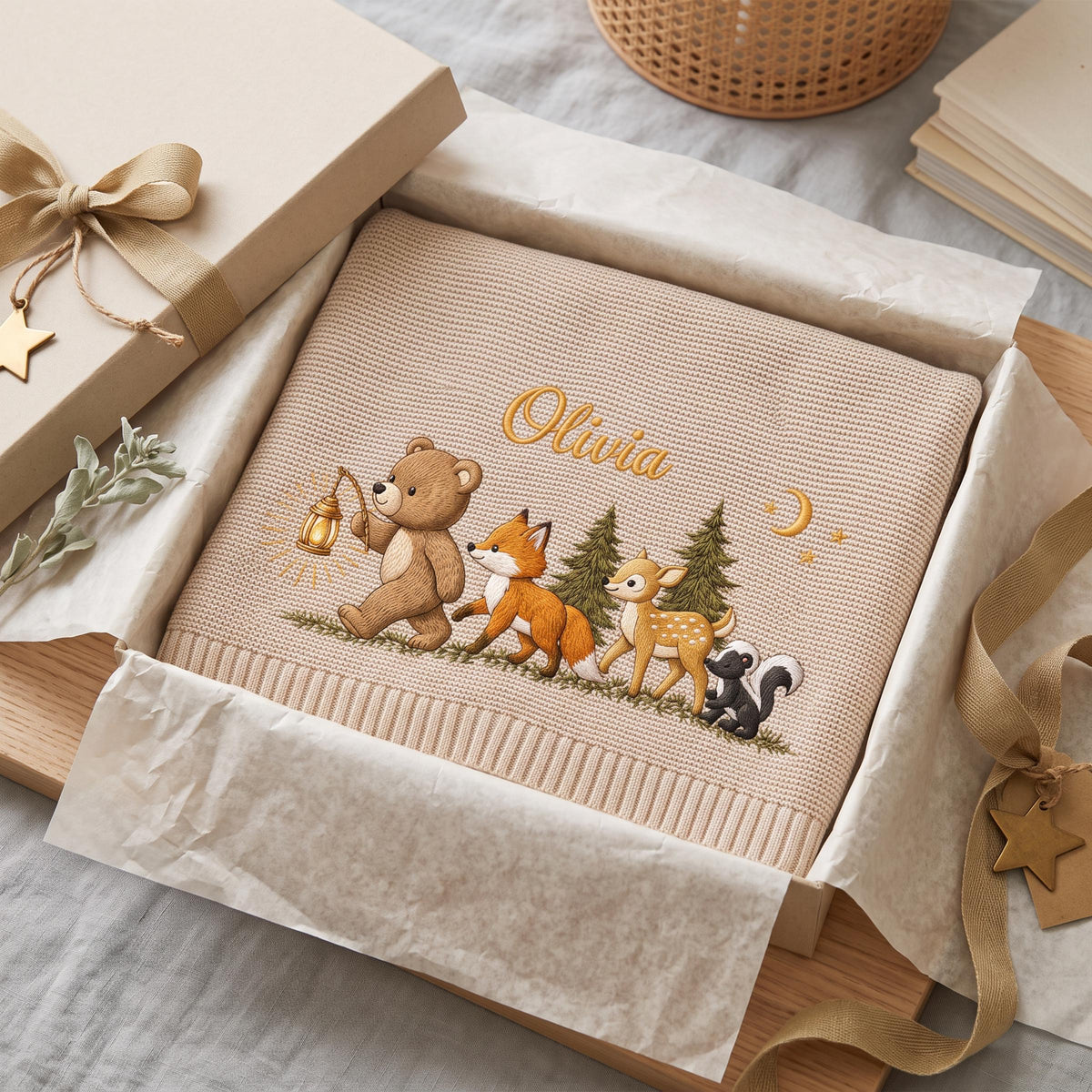 A beige knitted baby blanket featuring an embroidered scene of a bear holding a lantern, a fox, a deer, and a skunk in a forest. The name Olivia is embroidered in gold script above the animals, accompanied by a crescent moon and stars.