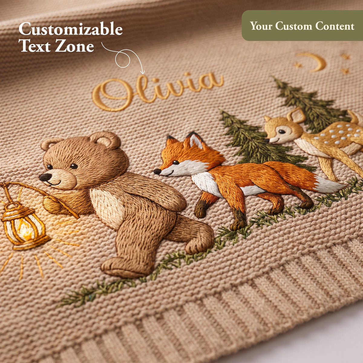 A beige knit blanket featuring embroidered woodland animals including a brown bear holding a lantern, a fox, and a fawn near pine trees. The text "Olivia" is embroidered in cursive, with a "Customizable Text Zone" label above.