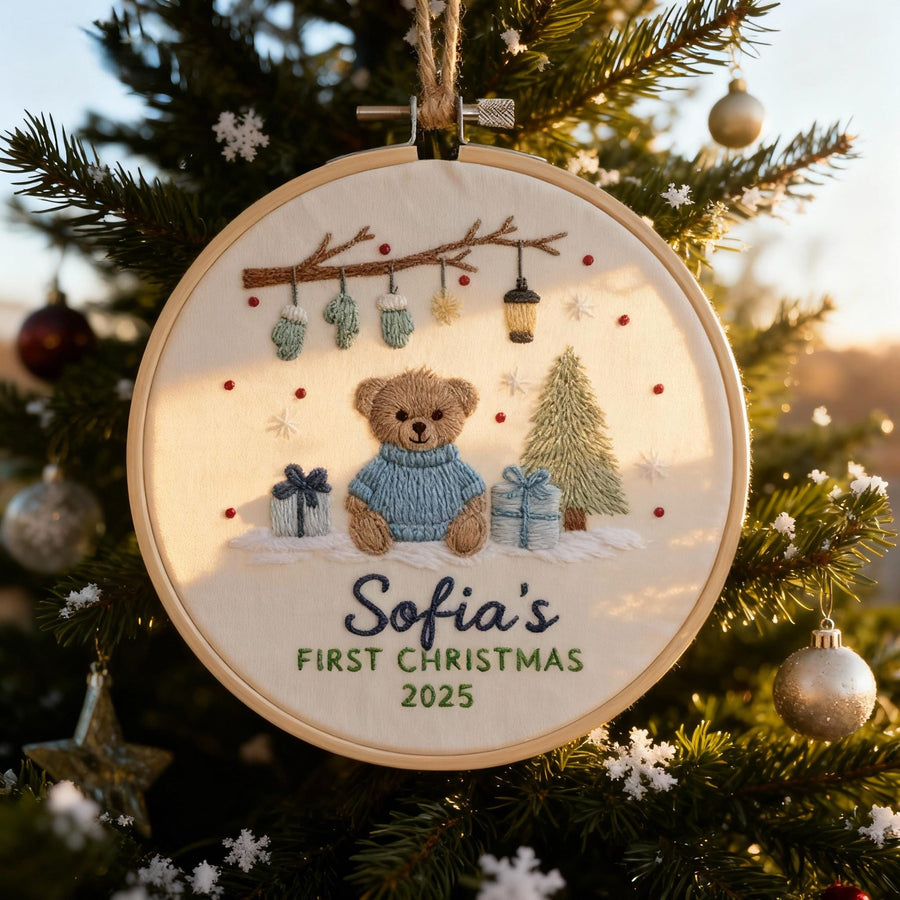 May include: Embroidered Christmas ornament featuring a teddy bear wearing a blue sweater, gifts, and a Christmas tree. The text "Sofia's FIRST CHRISTMAS 2025" is stitched below the bear. The ornament is displayed on a Christmas tree.