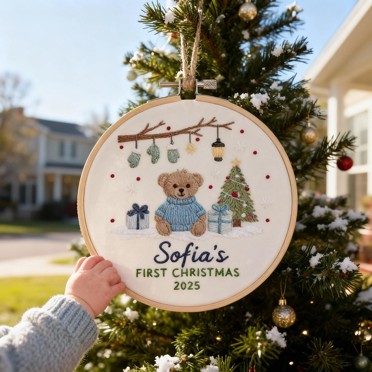 May include: Embroidered Christmas ornament featuring a teddy bear wearing a blue sweater, a Christmas tree, and gifts. The text "Sofia's FIRST CHRISTMAS 2025" is displayed. The ornament is hanging on a Christmas tree.