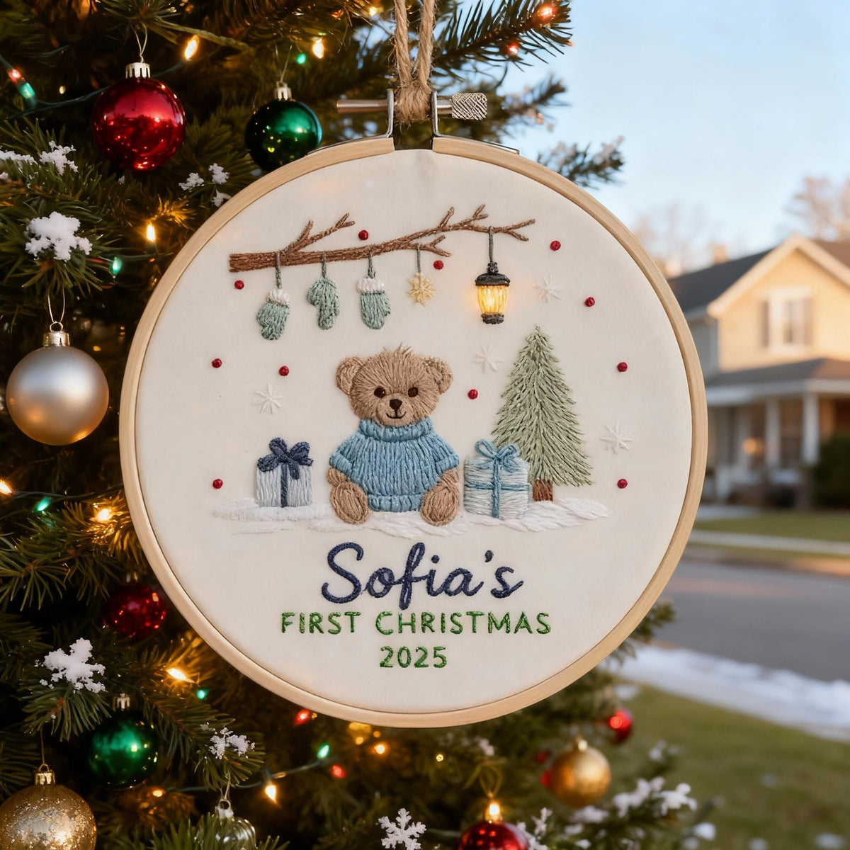 May include: Embroidered Christmas ornament in a wooden hoop. The design features a teddy bear wearing a blue sweater, gifts, a Christmas tree, and the text "Sofia's FIRST CHRISTMAS 2025". The ornament is hanging on a Christmas tree.