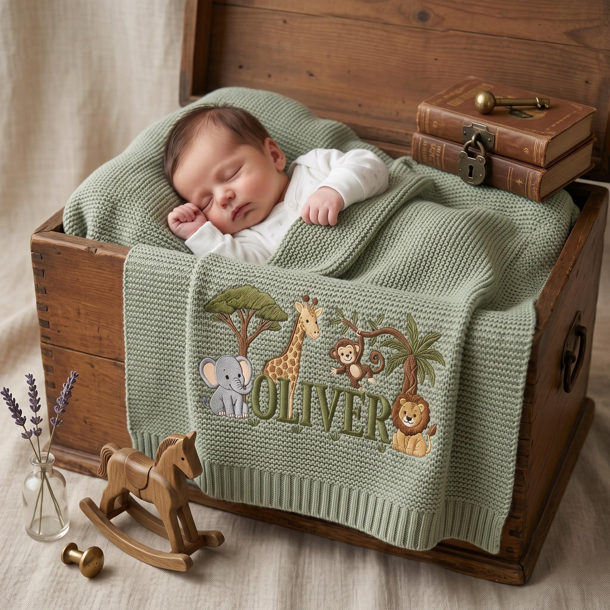 A sage green knitted baby blanket featuring embroidered safari animals including an elephant, giraffe, monkey, and lion, with the name Oliver stitched in dark green thread. The blanket is draped over a wooden chest.