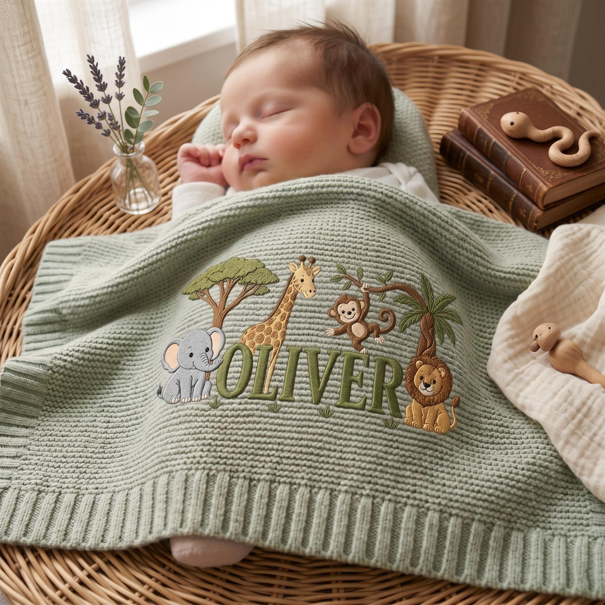 A sage green knitted baby blanket featuring an embroidered jungle scene with an elephant, giraffe, monkey, and lion. The name OLIVER is stitched in dark green letters across the center. The blanket has a ribbed border and texture.