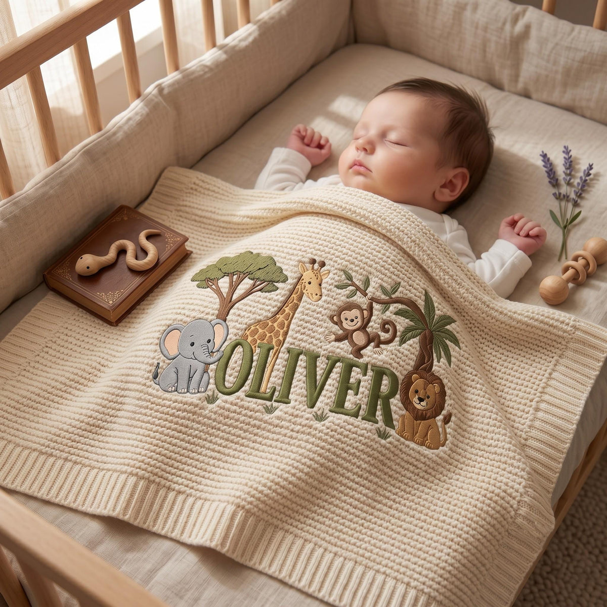 A cream-colored knit baby blanket featuring an embroidered jungle theme with a gray elephant, a giraffe, a monkey, and a lion surrounding the name OLIVER in green letters. The blanket is textured with a waffle-knit pattern.
