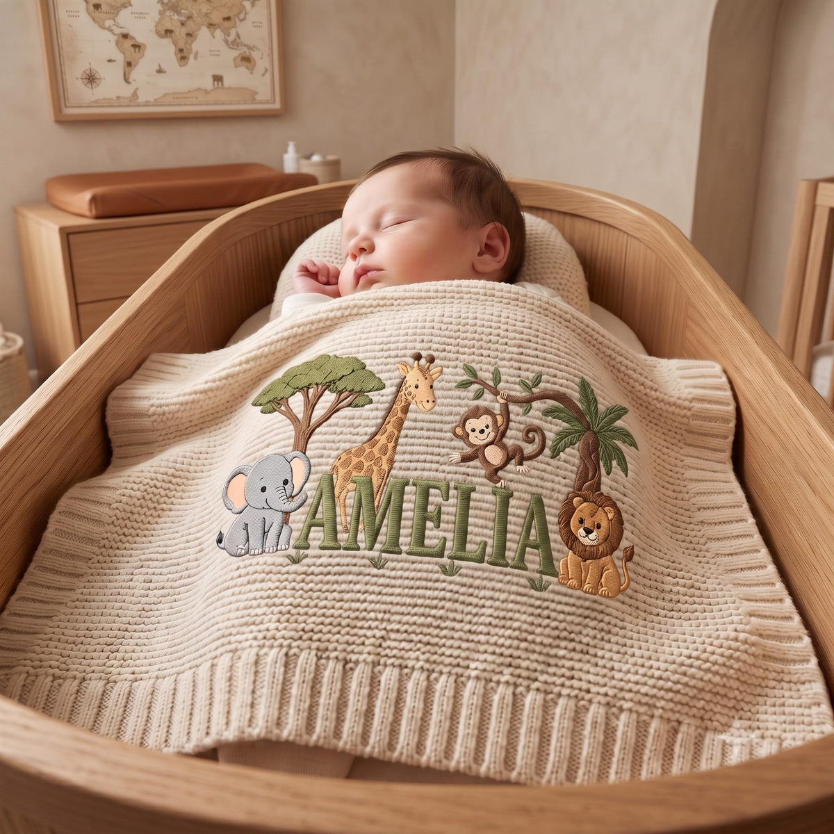 A cream-colored knit baby blanket featuring an embroidered jungle scene with a gray elephant, a giraffe, a brown monkey, and a lion. The name AMELIA is stitched in large green letters across the center of the blanket fabric.