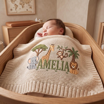 A cream-colored knit baby blanket featuring an embroidered jungle scene with a gray elephant, a giraffe, a brown monkey, and a lion. The name AMELIA is stitched in large green letters across the center of the blanket fabric.
