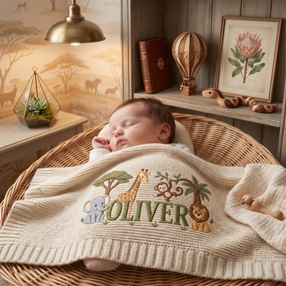 A cream-colored knit baby blanket featuring an embroidered safari theme with an elephant, giraffe, monkey, and lion surrounding the name OLIVER in green letters. The blanket has a textured waffle-knit pattern and a ribbed border.