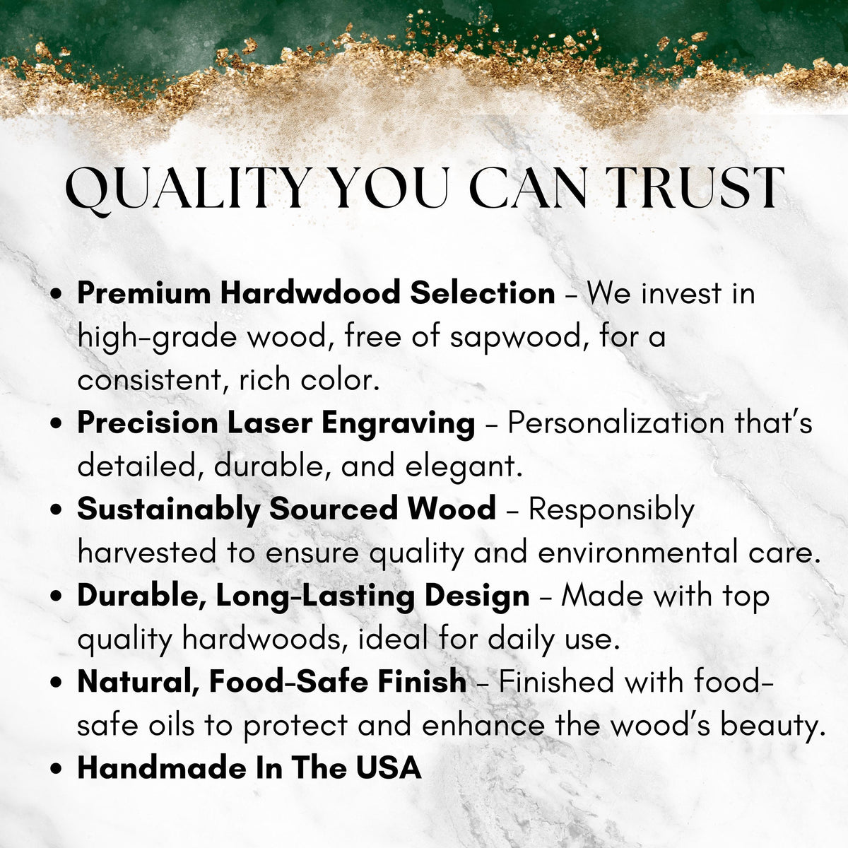 The image is a text-based graphic that provides information about the quality and features of a product, specifically a premium hardwood selection.