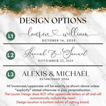 Design options for Lauren & William, Hannah & Samuel, and Alexis & Michael.