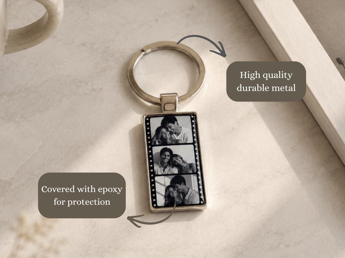 Custom film strip photo keychain in gift box, personalized with 3 photos, couples anniversary gift