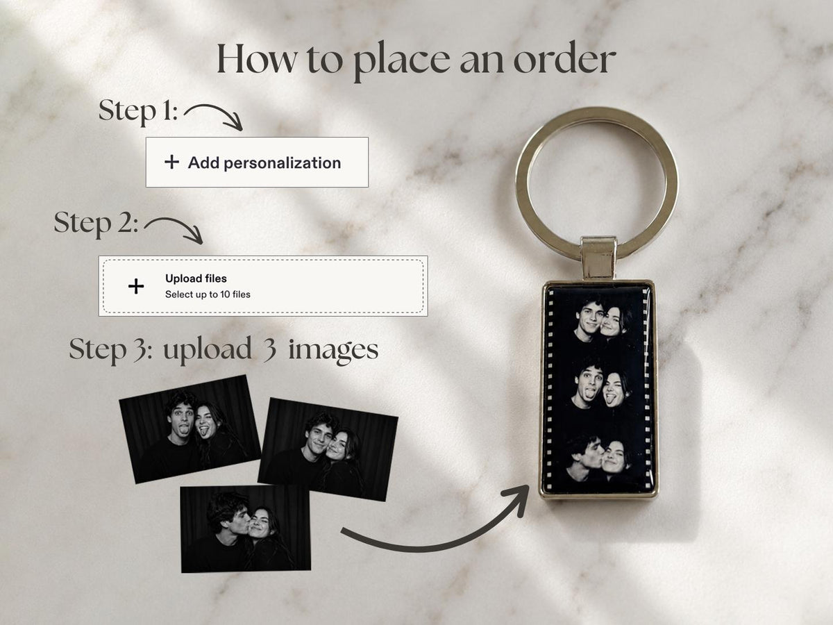 A rectangular silver-toned metal keychain featuring a vertical film strip design with three black and white photographs of a couple. Text instructions include How to place an order, Step 1: Add personalization, Step 2: Upload files, and Step 3: upload 3 images.