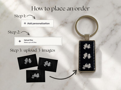 A rectangular silver-toned metal keychain featuring a vertical film strip design with three black and white photographs of a couple. Text instructions include How to place an order, Step 1: Add personalization, Step 2: Upload files, and Step 3: upload 3 images.