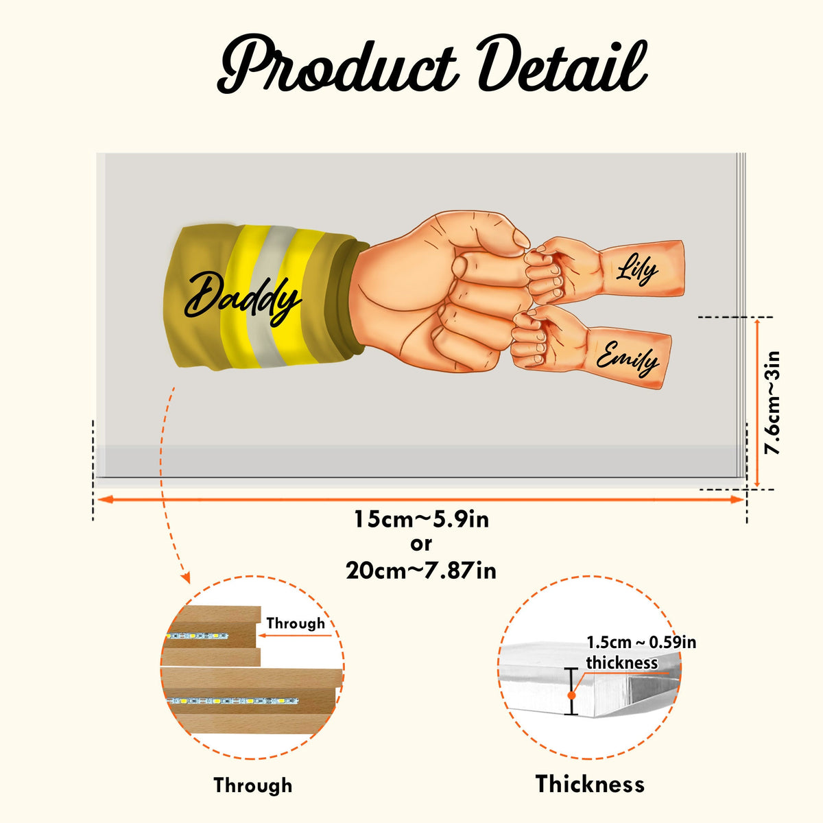 May include: A personalized wooden sign with a handprint design. The sign features the word "Daddy" and two handprints with the names "Lily" and "Emily". The sign is 7.6 inches tall and 5.9 inches wide.