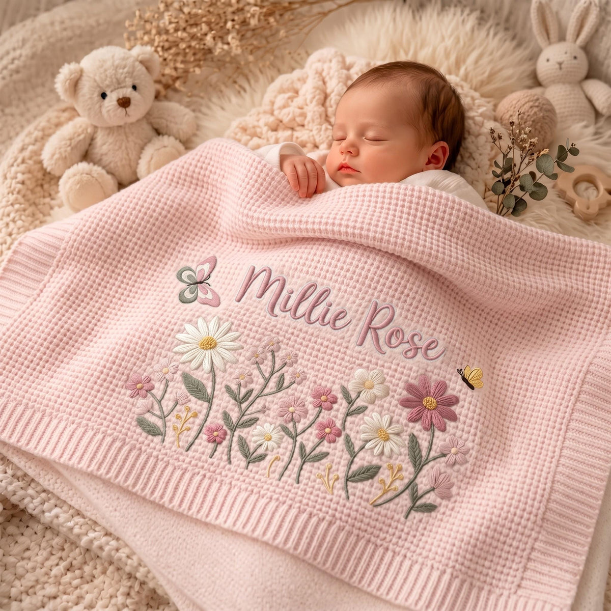 A light pink waffle-knit baby blanket featuring embroidered floral designs in white, pink, and green, with a small butterfly and the name Millie Rose stitched in cursive script. A plush teddy bear and a rabbit toy are visible nearby.