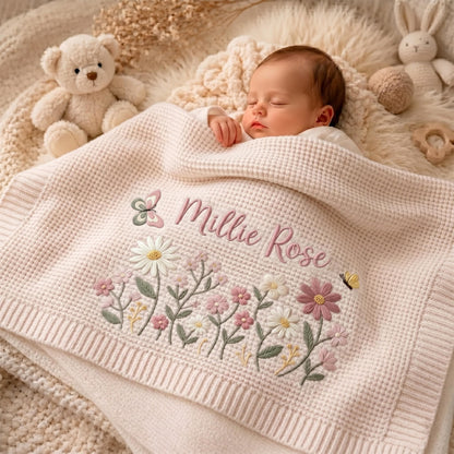 A cream-colored waffle knit baby blanket featuring embroidered floral designs in shades of pink, white, and green. The blanket is personalized with the name Millie Rose in pink script lettering and includes two small butterfly motifs.