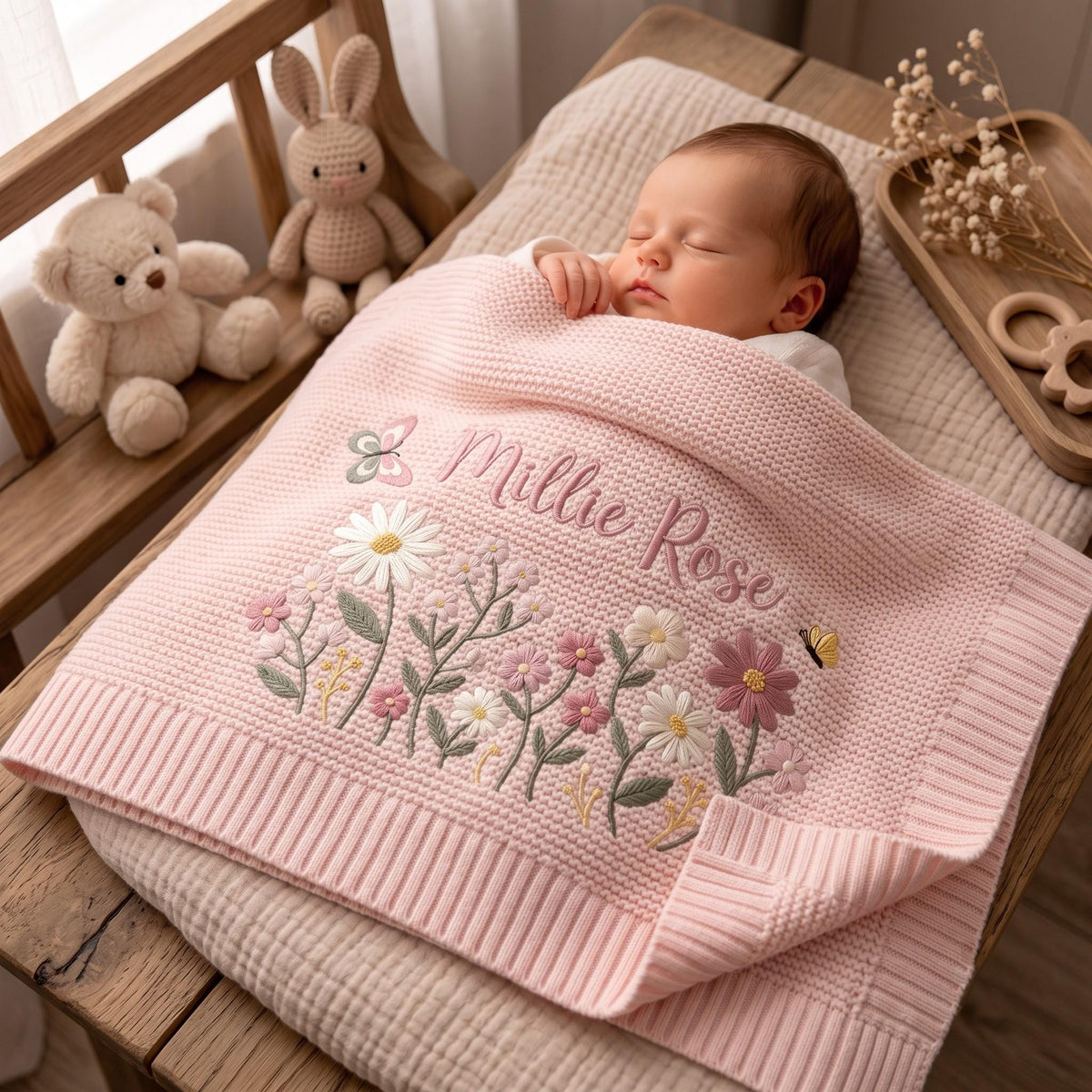 A soft, pale pink knitted baby blanket featuring an embroidered design of wildflowers, a small butterfly, and the name Millie Rose in cursive script. The blanket has a textured knit pattern and a ribbed border, covering a sleeping infant.