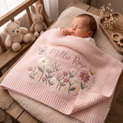 A soft, pale pink knitted baby blanket featuring an embroidered design of wildflowers, a small butterfly, and the name Millie Rose in cursive script. The blanket has a textured knit pattern and a ribbed border, covering a sleeping infant.