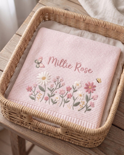 A light pink waffle-knit blanket featuring embroidered floral motifs, a small butterfly, and the name Millie Rose in cursive script. The blanket is folded neatly inside a rectangular woven wicker basket with a light-colored fabric liner.