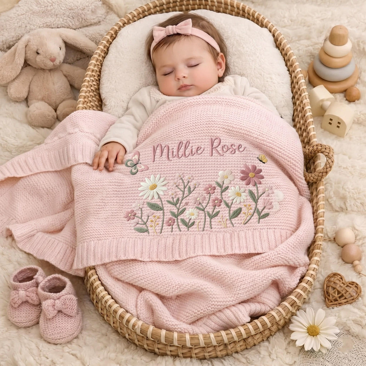 A baby wearing a light pink headband and a cream-colored long-sleeve top, sleeping under a soft pink knit blanket. The blanket features embroidered wildflowers and the name Millie Rose in cursive script. A plush bunny toy sits nearby.