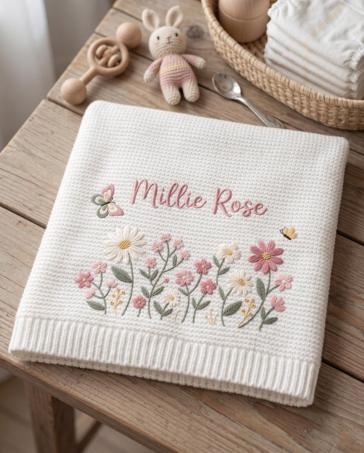 A white waffle-knit baby blanket featuring embroidered floral motifs in shades of pink, white, and green. The name Millie Rose is stitched in pink script above the flowers, accompanied by two small butterflies on either side.