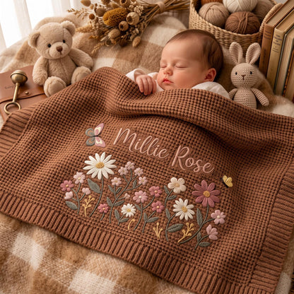 A brown waffle-knit baby blanket featuring embroidered floral patterns in white, pink, and green, with a small butterfly and the name Millie Rose stitched in cursive script. The blanket has a ribbed border and a soft, textured fabric.