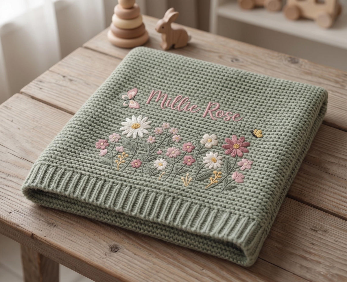 A sage green waffle-knit blanket featuring embroidered floral motifs in shades of pink, white, and yellow. The design includes a small butterfly, a bee, and the name Millie Rose stitched in pink script lettering across the center.