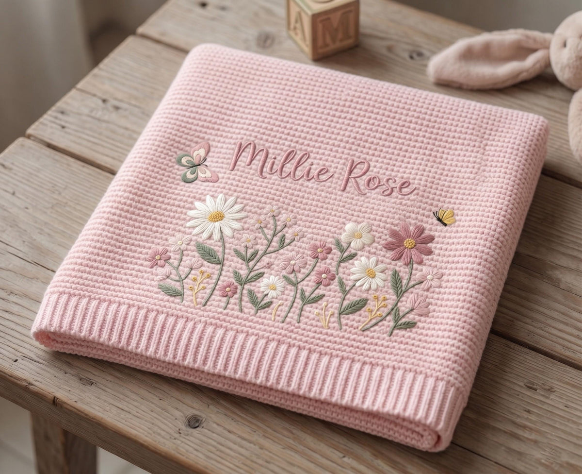 A soft pink waffle-knit blanket featuring embroidered floral designs, including daisies and small wildflowers, along with two butterflies. The name Millie Rose is embroidered in a cursive script above the floral arrangement.