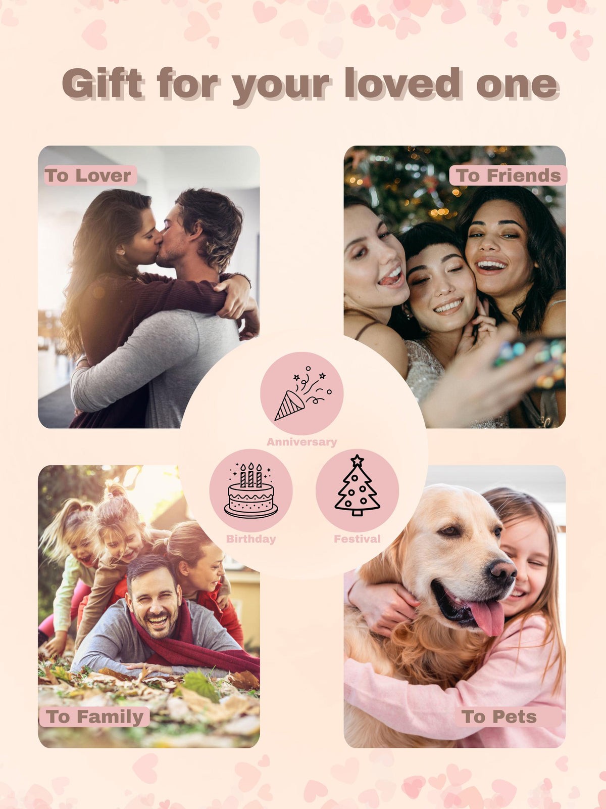 A promotional graphic with the text "Gift for your loved one." The image includes photos of people with the text "To Lover," "To Friends," "To Family," and "To Pets." Icons for Anniversary, Birthday, and Festival are also included.