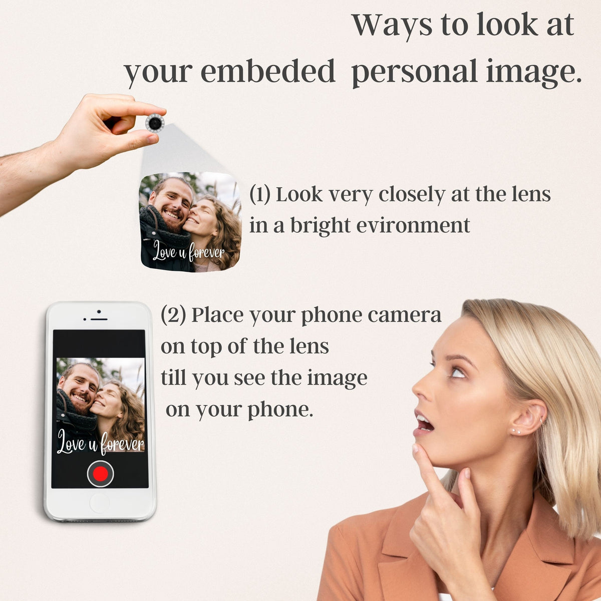 Image showing instructions on how to view an embedded personal image. A small lens is held up, projecting an image of a couple with the text "Love u forever." A smartphone displays the same image. Text explains how to view the image.