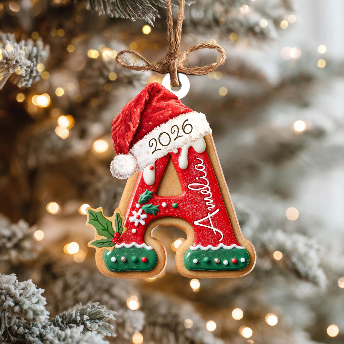 May include: A gingerbread-style letter A Christmas ornament featuring a red Santa hat with the year 2026 printed on the white trim. The letter is decorated with red and green icing, white holly accents, and the name Amelia written in white script.