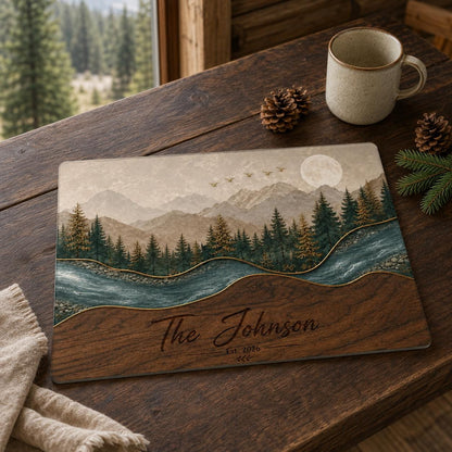 A rectangular placemat featuring a landscape illustration of mountains, a forest, a river, and a full moon. The lower section has a wood grain texture with the text The Johnson Est. 2026 printed in a dark script font with a small arrow icon.