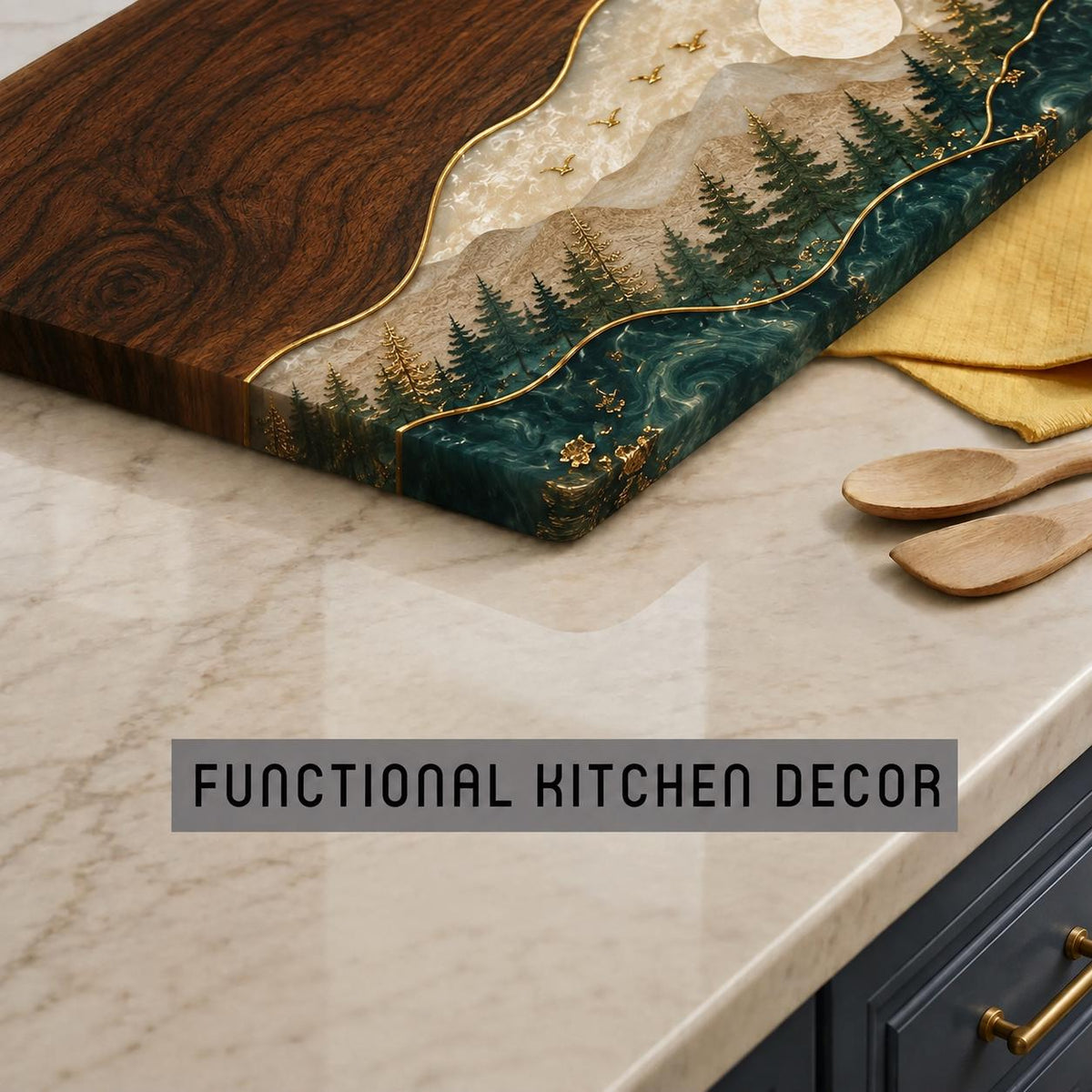 A rectangular serving board featuring dark brown wood grain on one side and a resin inlay depicting a mountain landscape with green pine trees, a white moon, and gold accents. The text FUNCTIONAL KITCHEN DECOR is printed in black.