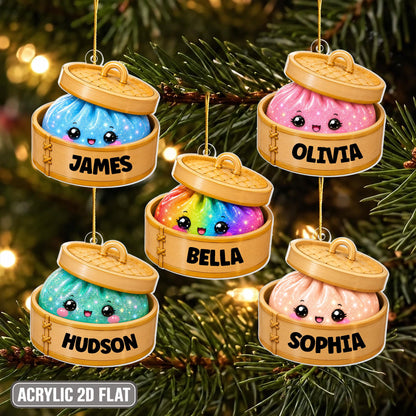Five acrylic 2D flat Christmas ornaments shaped like bamboo steamers containing cute, smiling dumplings. The dumplings are blue, pink, rainbow, teal, and peach, each personalized with the names James, Olivia, Bella, Hudson, and Sophia.