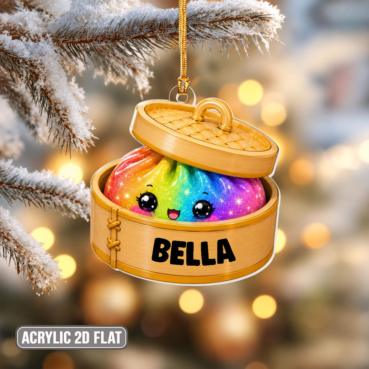 A 2D flat acrylic hanging ornament shaped like a bamboo steamer basket containing a rainbow-colored dumpling with a smiling face and large eyes. The side of the steamer is printed with the name BELLA in bold black capital letters.