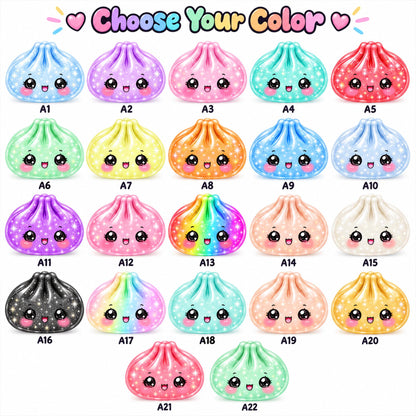 A chart titled Choose Your Color displaying twenty-two illustrations of cartoon dumplings with faces. Each dumpling features a unique color, including blue, purple, pink, green, yellow, orange, and rainbow, all with a sparkling finish.