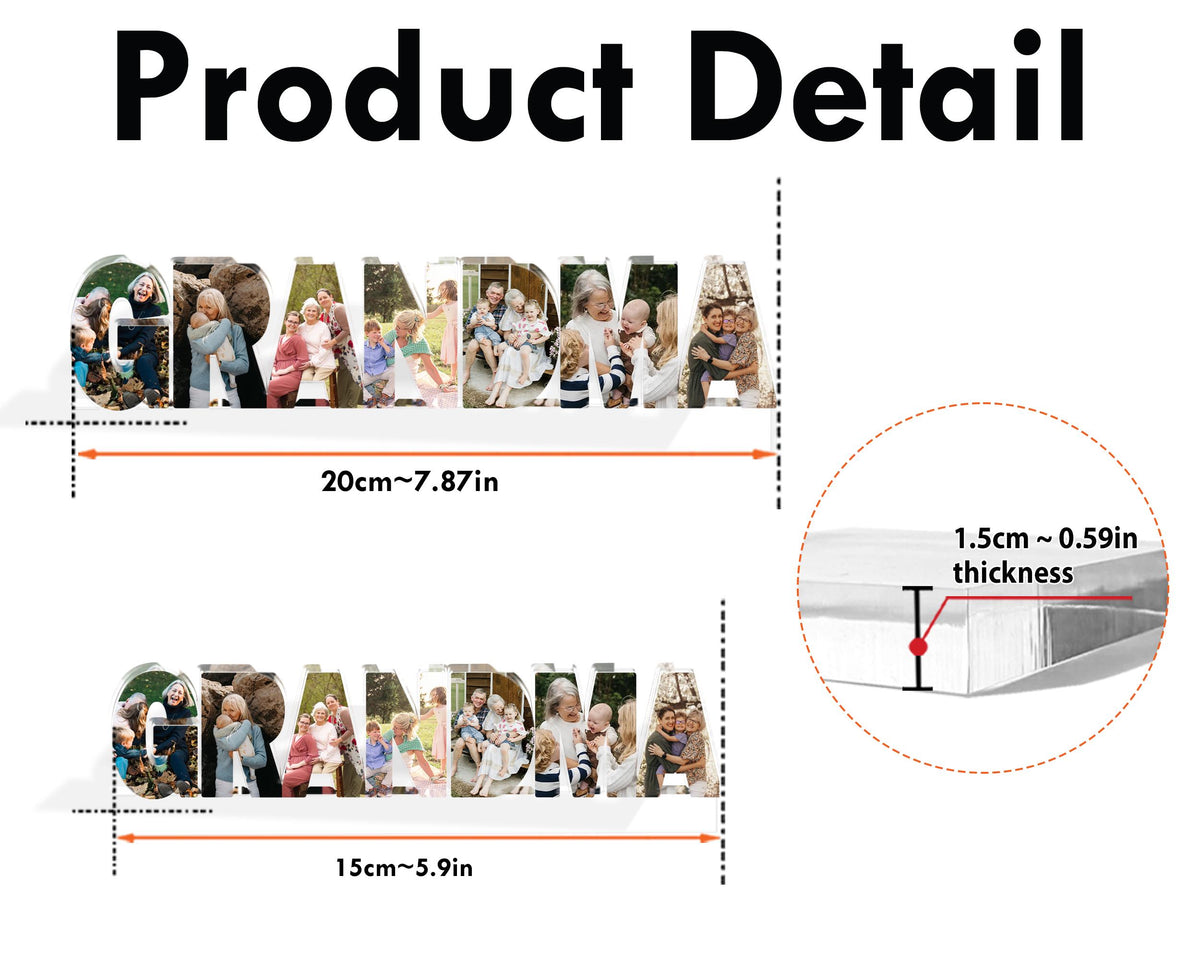 May include: A clear acrylic block spelling "GRANDMA" with family photos inside each letter. The block is 7.87 inches long and 0.59 inches thick. The text "Product Detail" is at the top.
