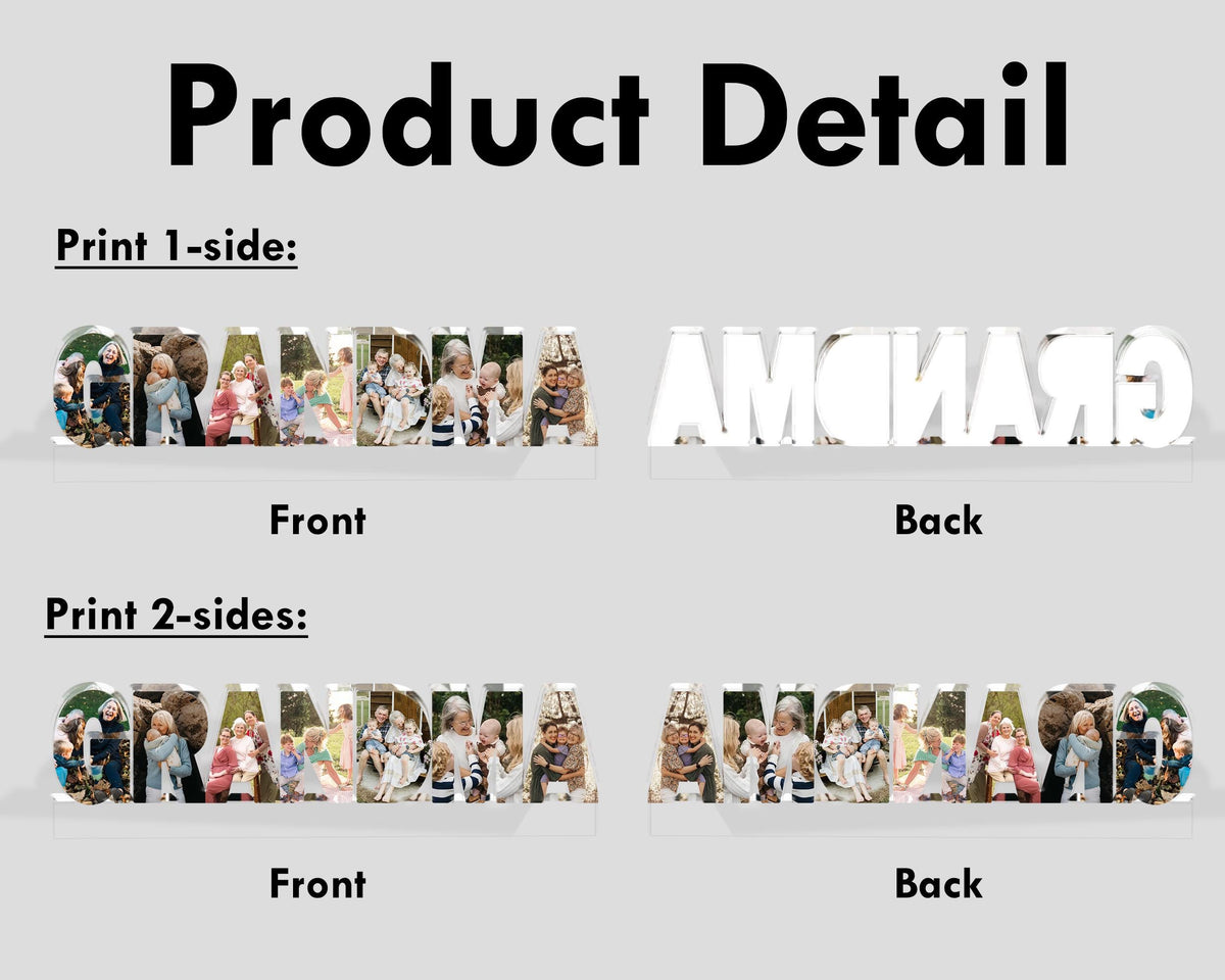 May include: A white "GRANDMA" word block with photos printed on the front and back. The product detail image shows options for printing on one or two sides. The word block is a personalized gift.