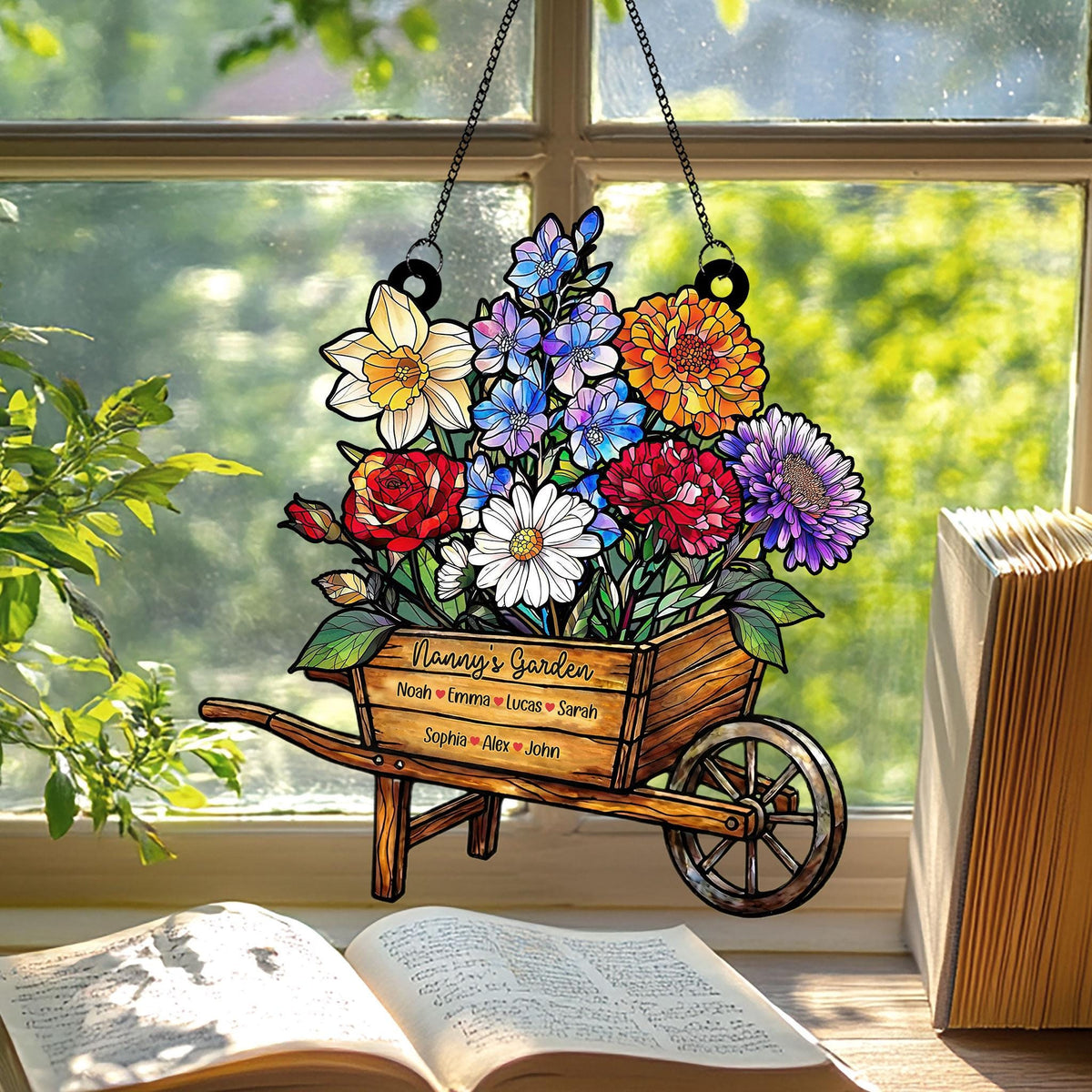 May include: A colorful floral garden sign in the shape of a wooden wheelbarrow, hanging in front of a window. The sign is filled with various flowers and the text "Nanny's Garden" with names below. The sign is suspended by a black chain.
