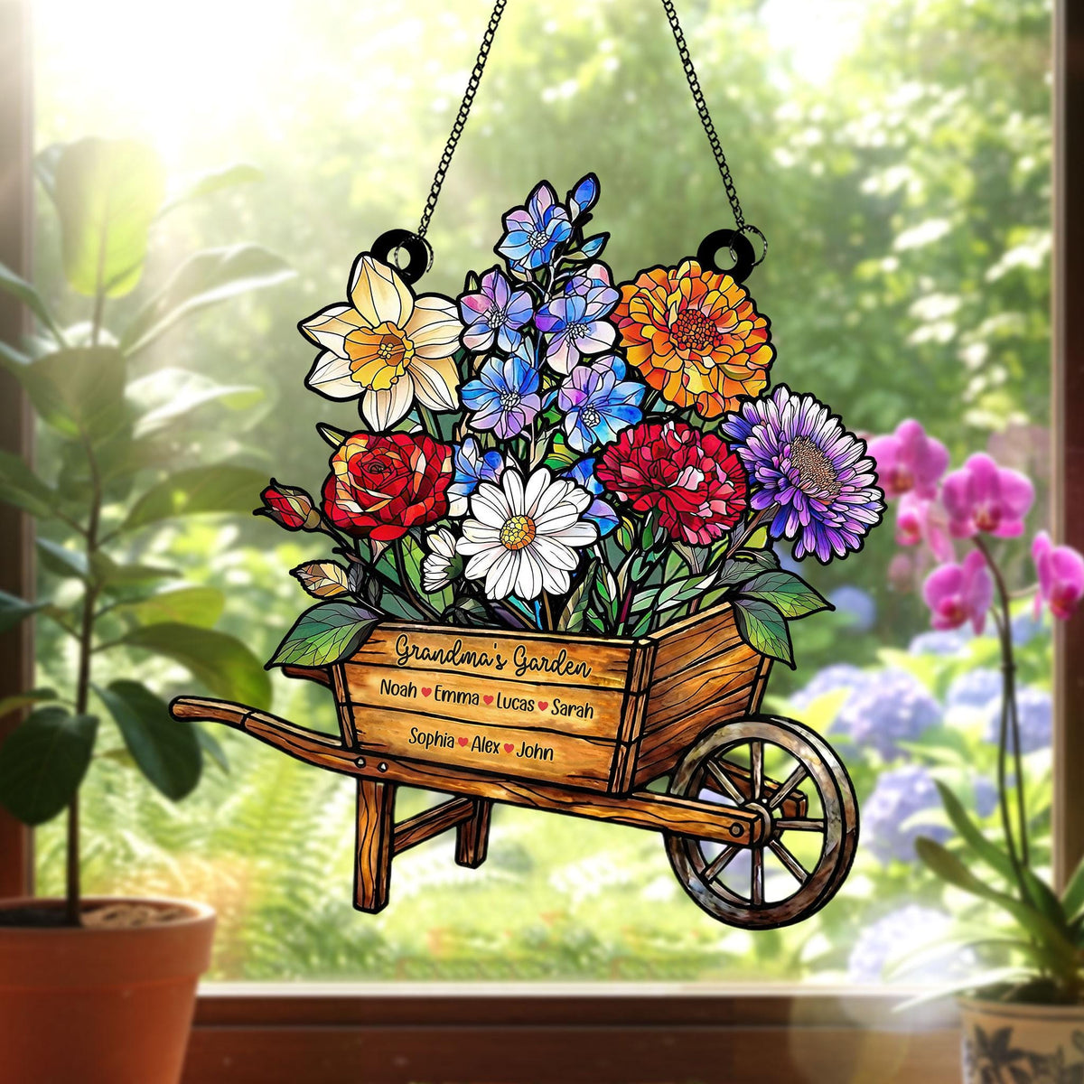 May include: A hanging garden decoration featuring a wooden wheelbarrow overflowing with colorful flowers. The wheelbarrow is inscribed with "Grandma's Garden" and names. The flowers include red roses, daisies, and blue delphiniums. The decoration hangs from a black chain.