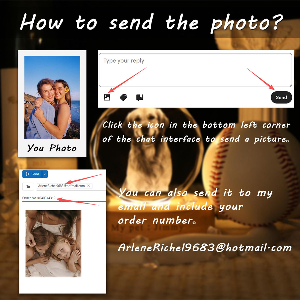 An instructional graphic titled How to send the photo? showing steps to upload images via chat or email. It includes a sample photo of two people, a chat interface with a send button, and an email template with the address ArleneRichel19683@hotmail.com.
