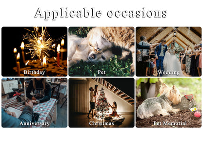 A collage of six images labeled Applicable occasions, featuring a birthday cake with sparklers, a cat and dog, a wedding ceremony, a couple at a dinner table, a family decorating a Christmas tree, and a dog near a pet memorial stone.