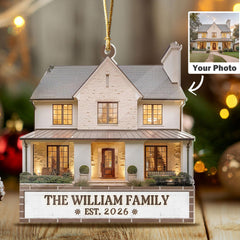 New Home Photo Christmas Ornament - Personalized House & Family Name Ornament - Housewarming Gift