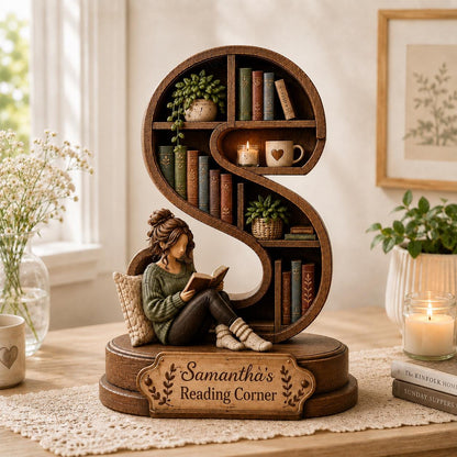A brown, S-shaped wooden bookshelf figurine featuring a person in a green sweater reading a book. The base displays the text "Samantha's Reading Corner" with leaf accents. The shelves hold miniature books, a candle, and potted plants.